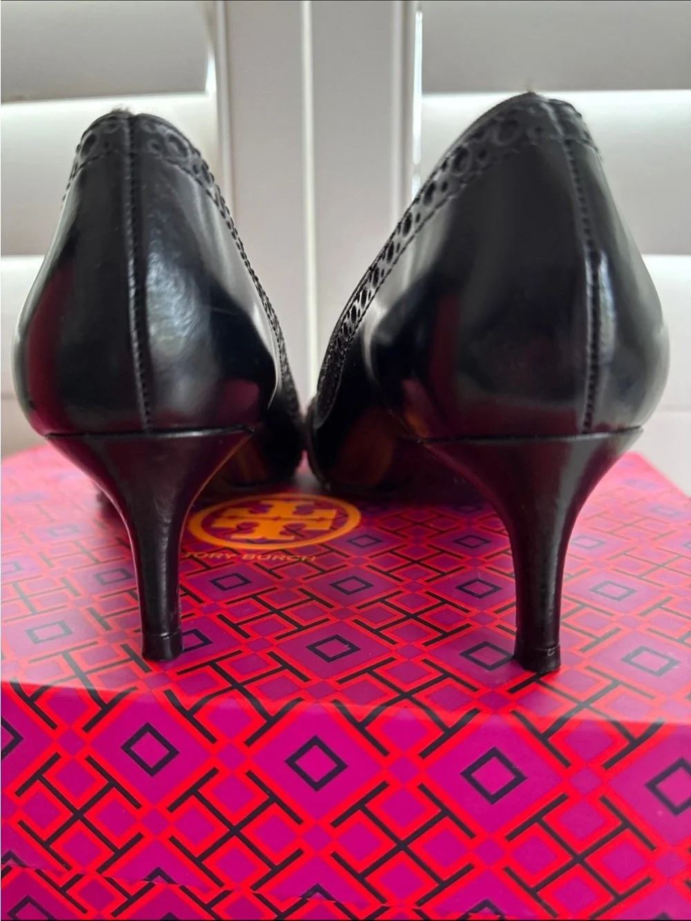 Tory Burch Black Leather Pointed-Toe Kitten Heels with Brogue Strap